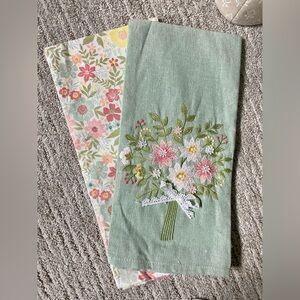 Embroidered Floral Bouquet Tea Towel in Sage Green and Pastel Floral